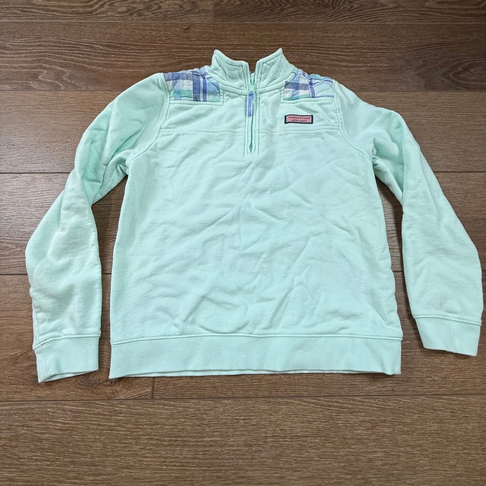 Vineyard Vines Girls Shep Shirt Aqua Plaid Quarter Zip Pullover Casual Preppy L